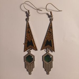 Geometric Gold and Green Dangle Earrings